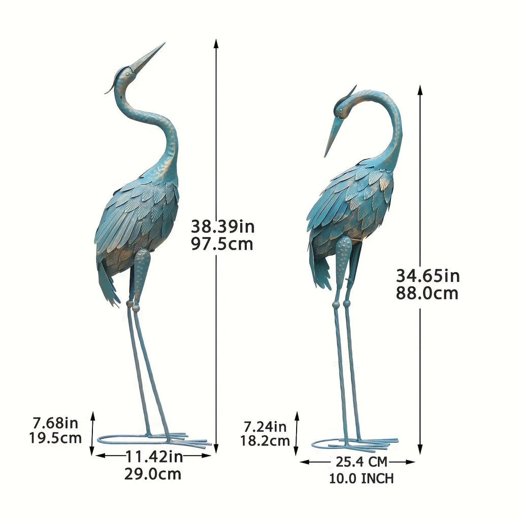 Pair of Blue Metal Crane Garden Statues - House Of Avana