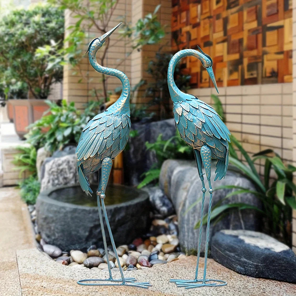 Blue metal crane garden statue, intricately designed bird figurine - House of Avana