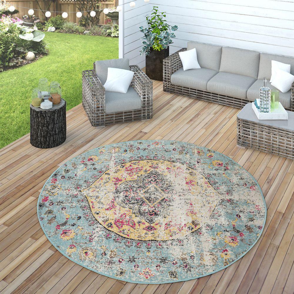 Blue Outdoor Rug Oriental Design Pastel Colors, lifestyle image - House Of Avana