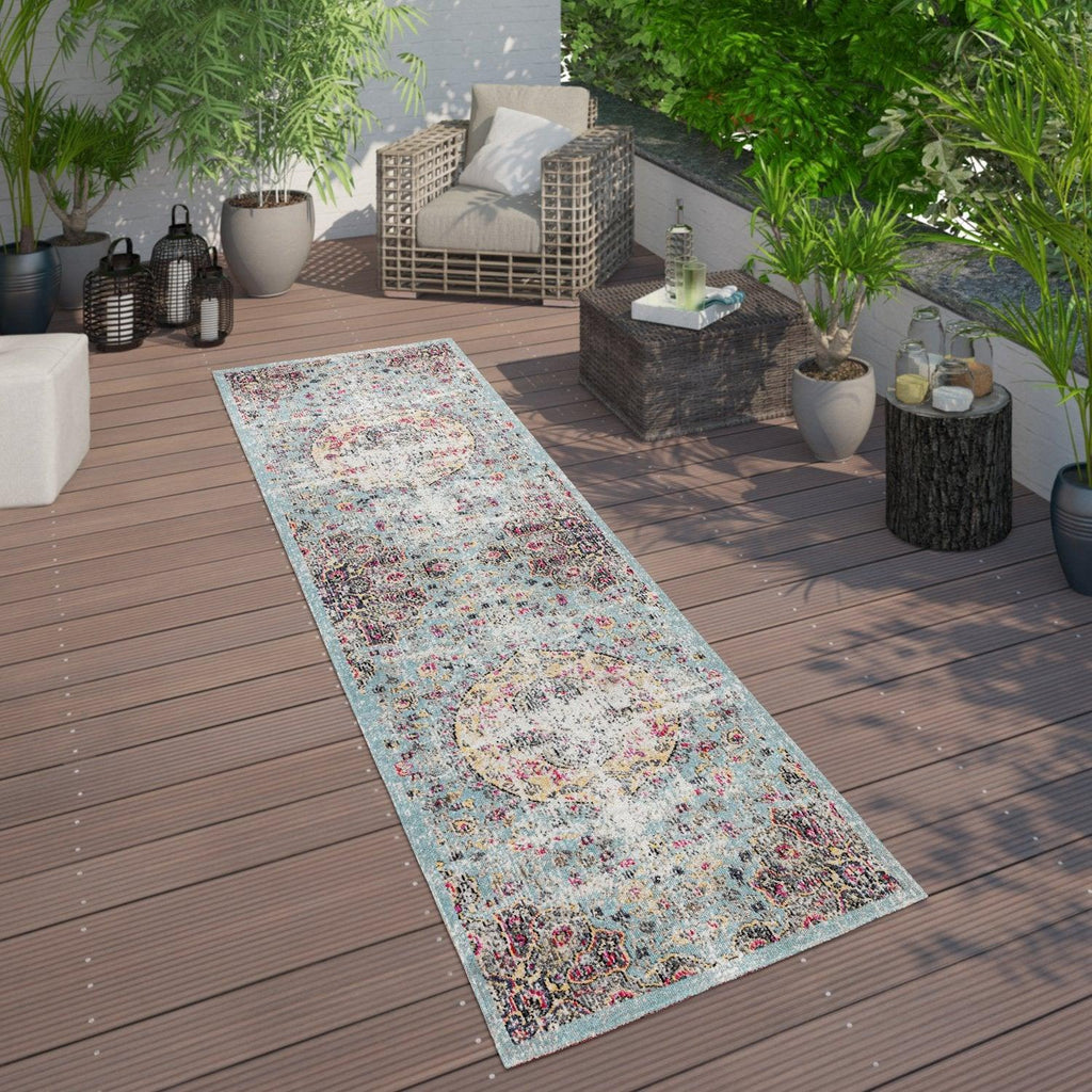 Blue Outdoor Rug Oriental Design Pastel Colors, angled view - House Of Avana
