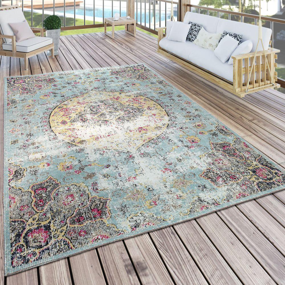 Blue outdoor rug with pastel colors and oriental design, soft polyester material - House of Avana