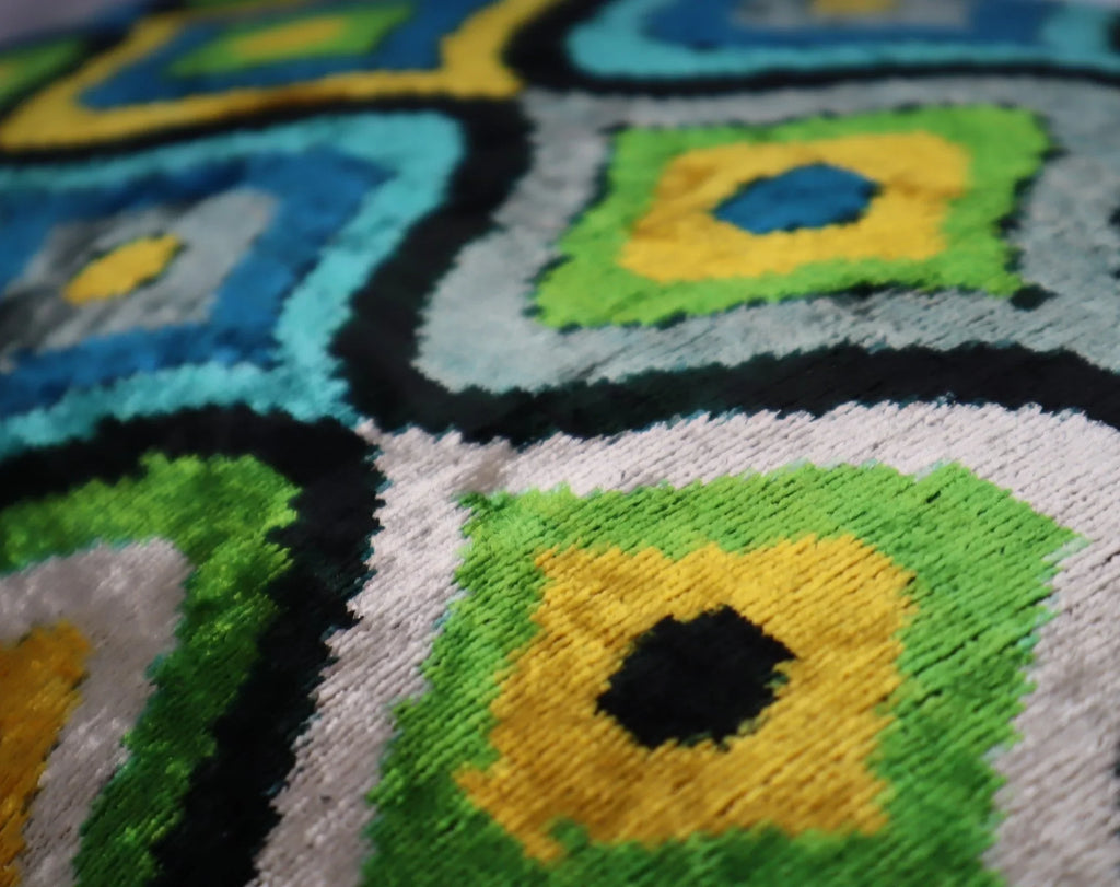 Canvello Yellow Blue Handmade 16x24 Silk Velvet Pillow, Organic Veg Dyed, Down/feather Filled, angled view - House Of Avana