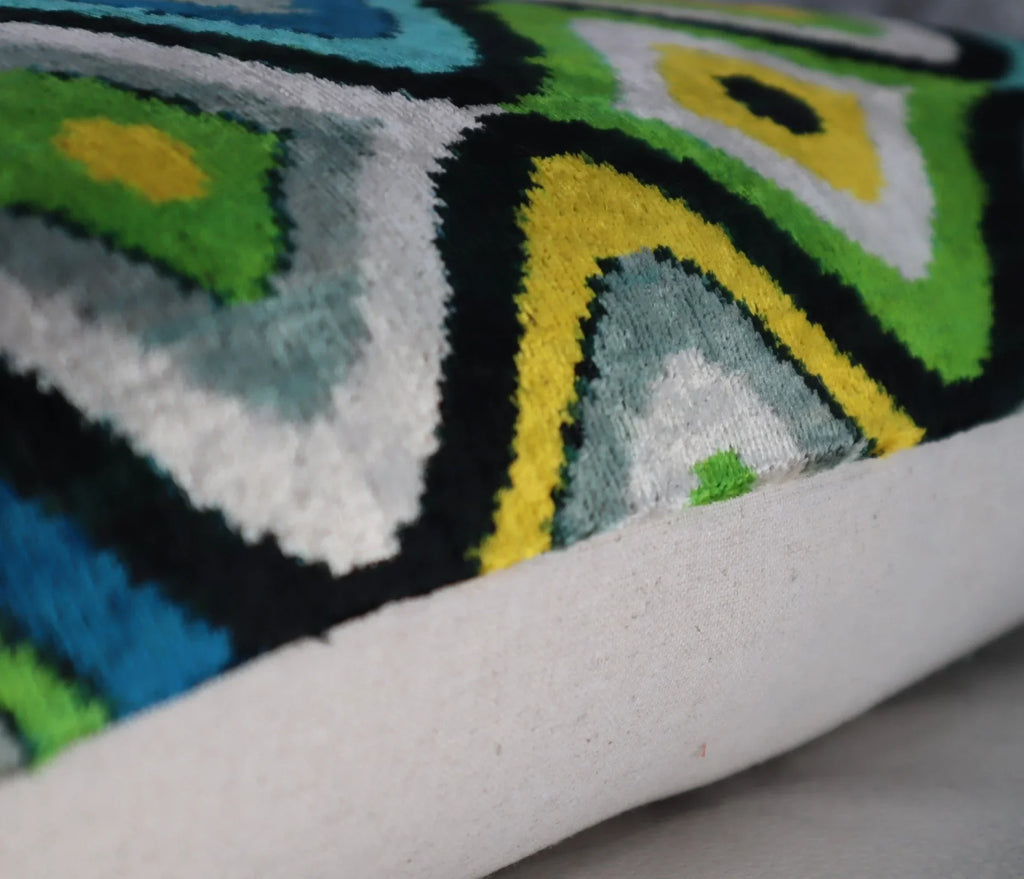 Canvello Yellow Blue Handmade 16x24 Silk Velvet Pillow, Organic Veg Dyed, Down/feather Filled, angled view - House Of Avana