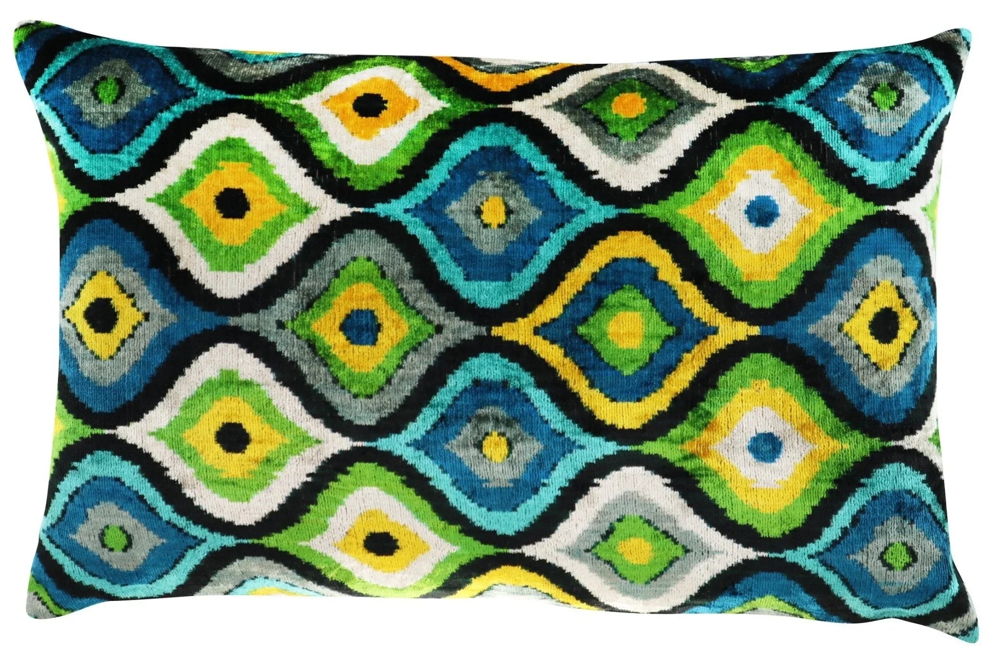 Canvello Yellow Blue Handmade 16x24 Silk Velvet Pillow, Organic Veg Dyed, Down/feather Filled, front view - House Of Avana