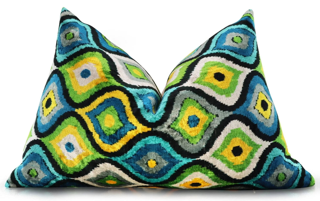 Canvello Yellow Blue Handmade 16x24 Silk Velvet Pillow, Organic Veg Dyed, Down/feather Filled, side view - House Of Avana