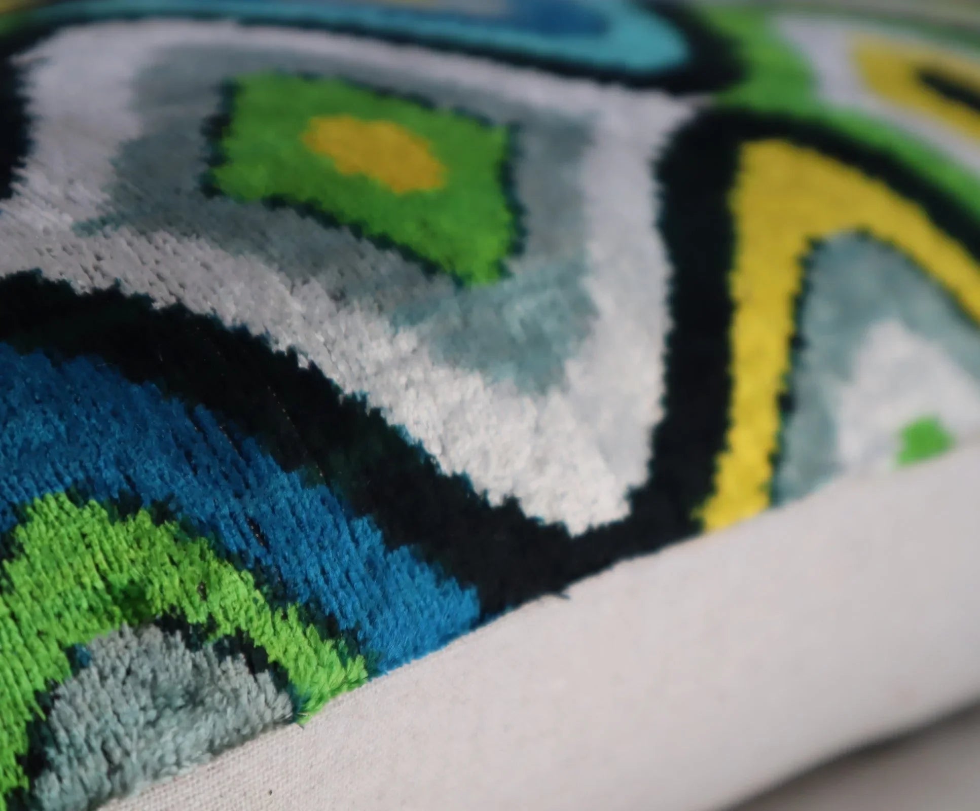 Canvello Yellow Blue Handmade 16x24 Silk Velvet Pillow, Organic Veg Dyed, Down/feather Filled, top view - House Of Avana