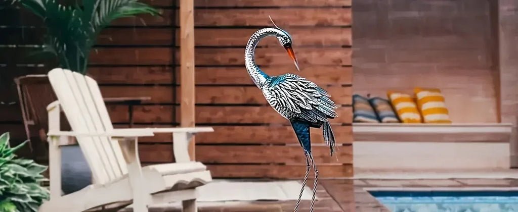 Rustic Blue Heron Statue - Outdoor Sculpture, dimensions view - House Of Avana