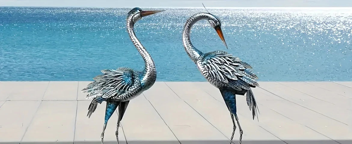 Rustic Blue Heron Statue - Outdoor Sculpture, in-use display - House Of Avana