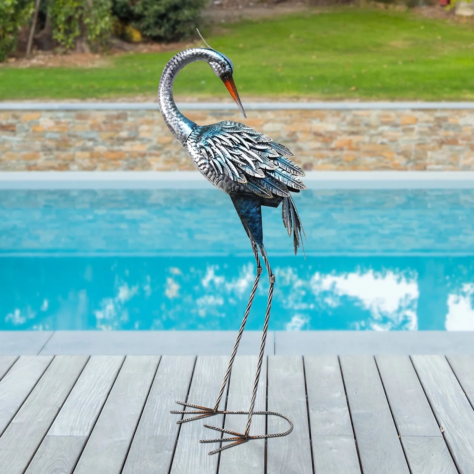 Rustic Blue Heron Statue - Outdoor Sculpture, side view - House Of Avana