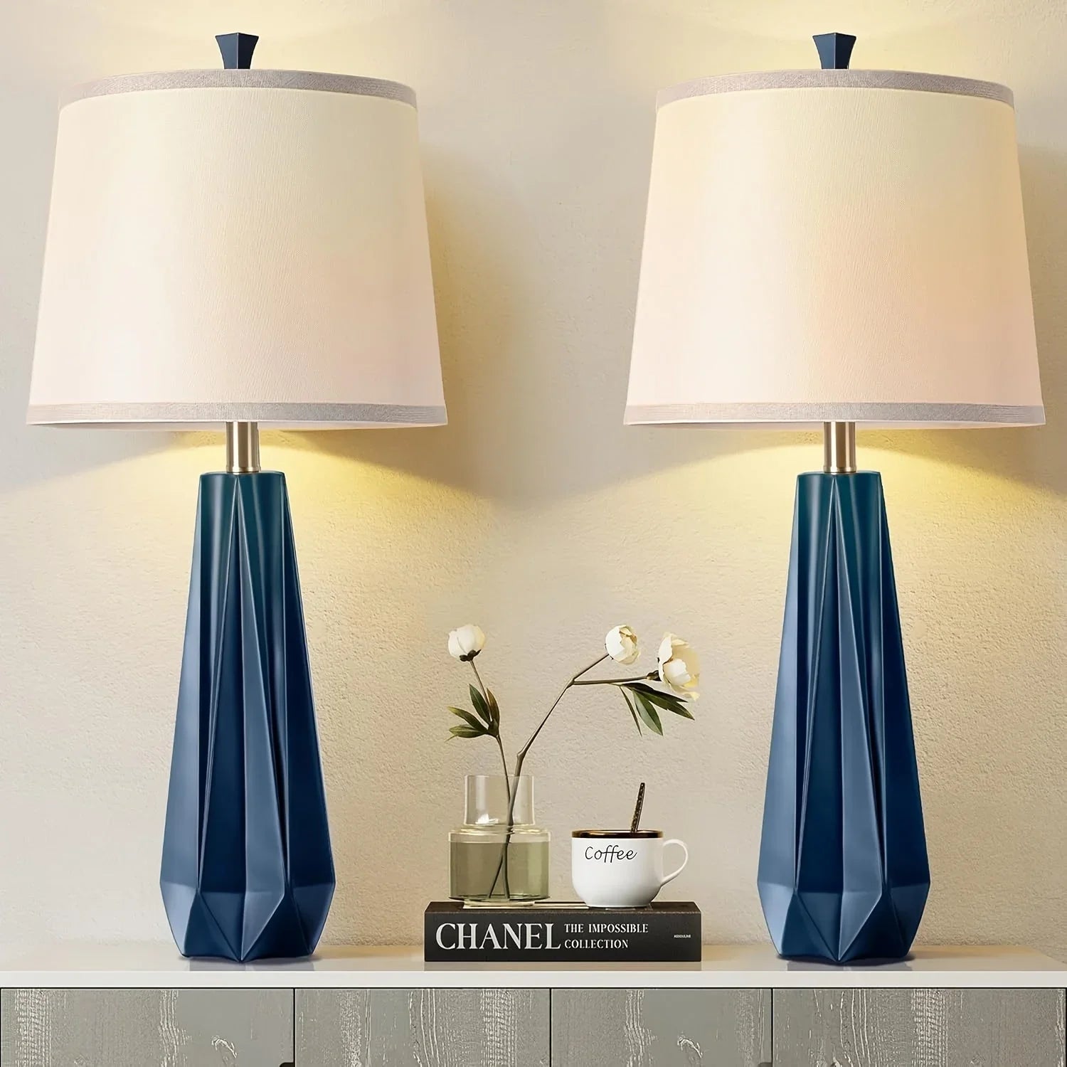 3 Color Temperature Table Lamps Set of 2, 27'' Navy Blue Modern Table Lamp for Living Room, Beside Lamp... - House Of Avana