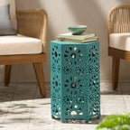 12" Artistic Hollow Carved Side Table, Blue Pattern, Cyan, Outdoor Simple Side Table, Coffee Table - House Of Avana