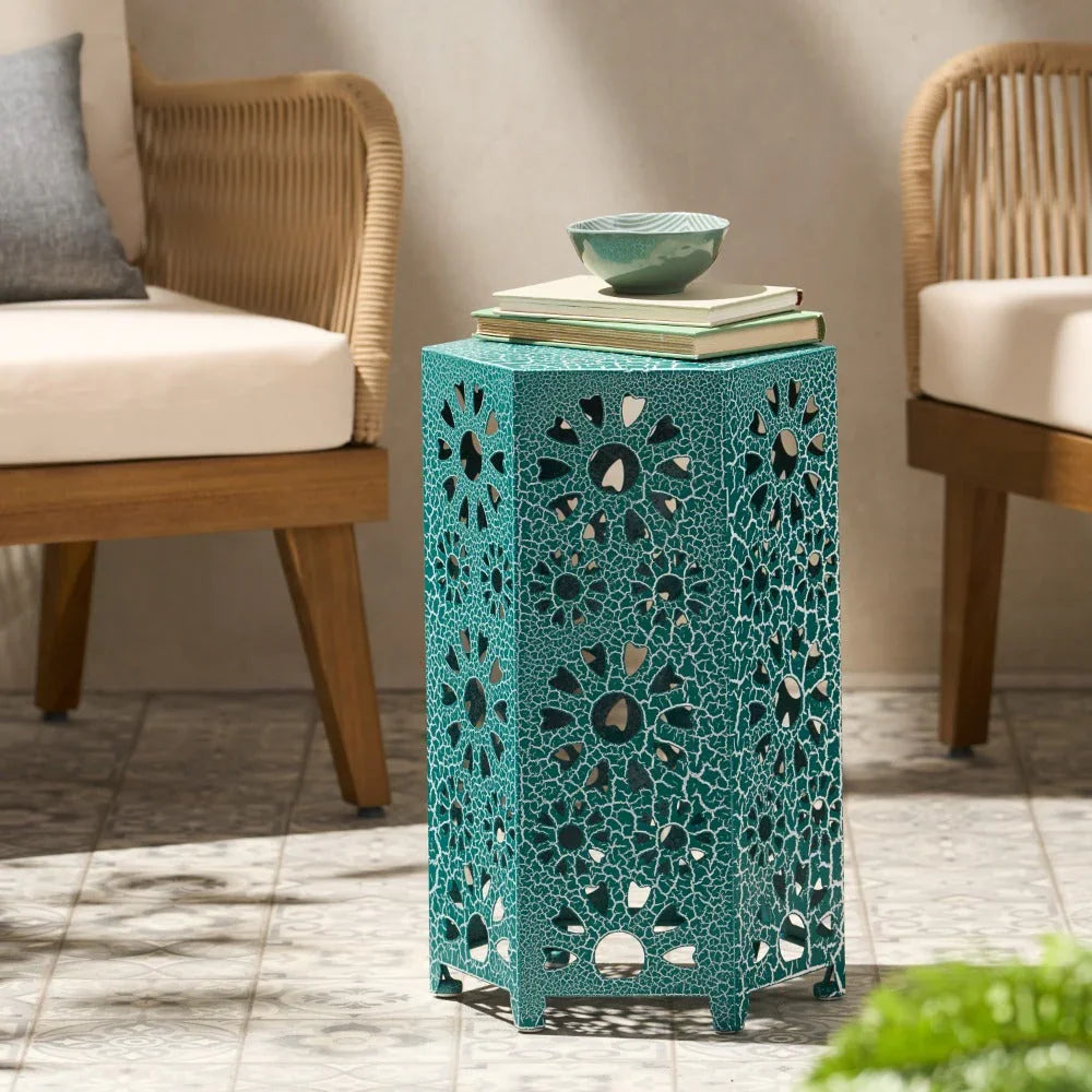12" Artistic Hollow Carved Side Table, Blue Pattern, Cyan, Outdoor Simple Side Table, Coffee Table - House Of Avana