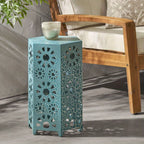 12" Artistic Hollow Carved Side Table, Blue Pattern, Cyan, Outdoor Simple Side Table, Coffee Table - House Of Avana