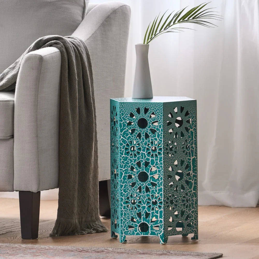 12" Artistic Hollow Carved Side Table, Blue Pattern, Cyan, Outdoor Simple Side Table, Coffee Table - House Of Avana