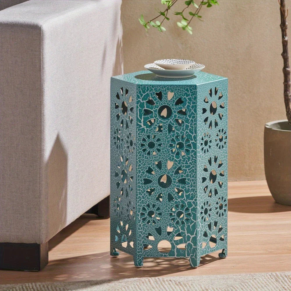 12" Artistic Hollow Carved Side Table, Blue Pattern, Cyan, Outdoor Simple Side Table, Coffee Table - House Of Avana