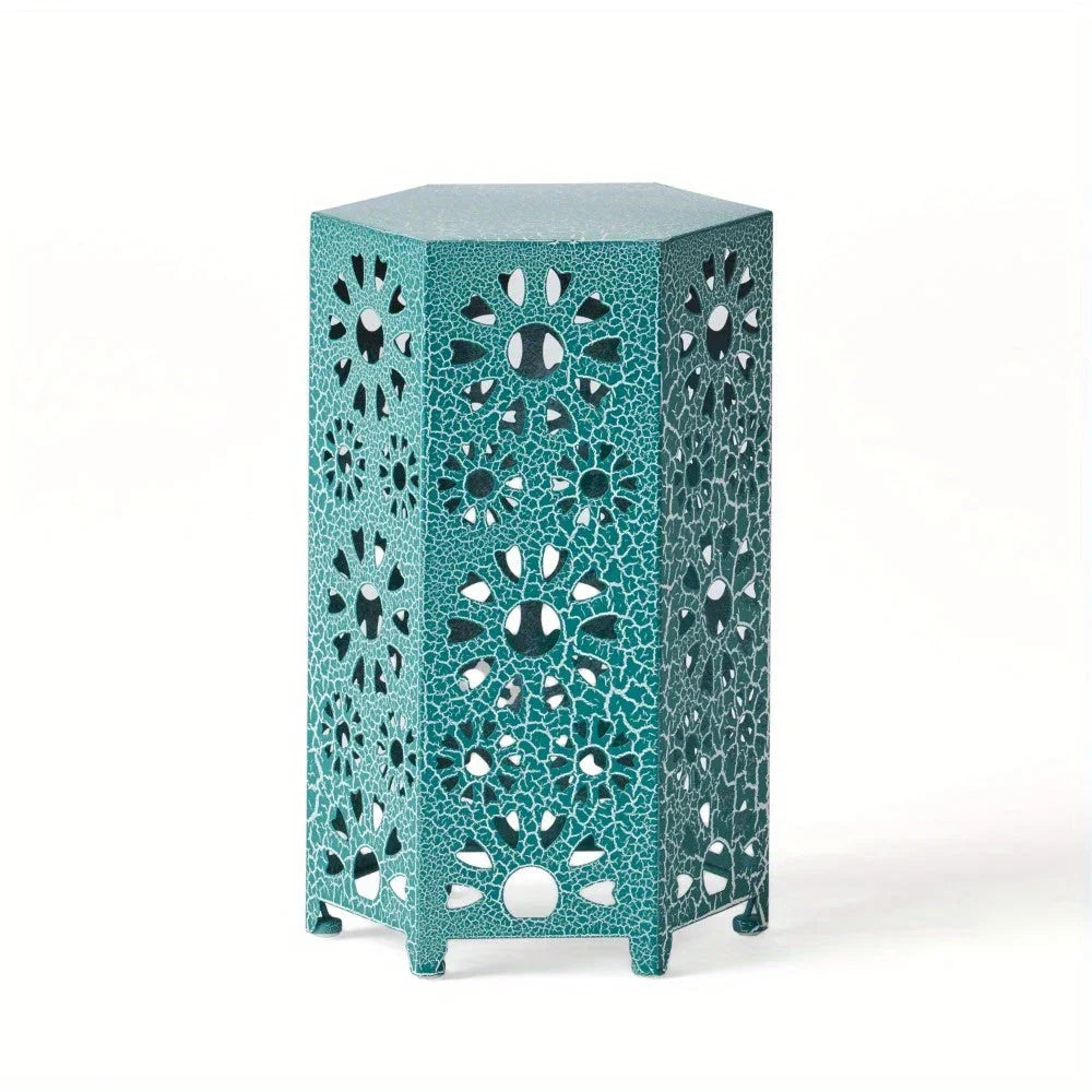 12" Artistic Hollow Carved Side Table, Blue Pattern, Cyan, Outdoor Simple Side Table, Coffee Table - House Of Avana