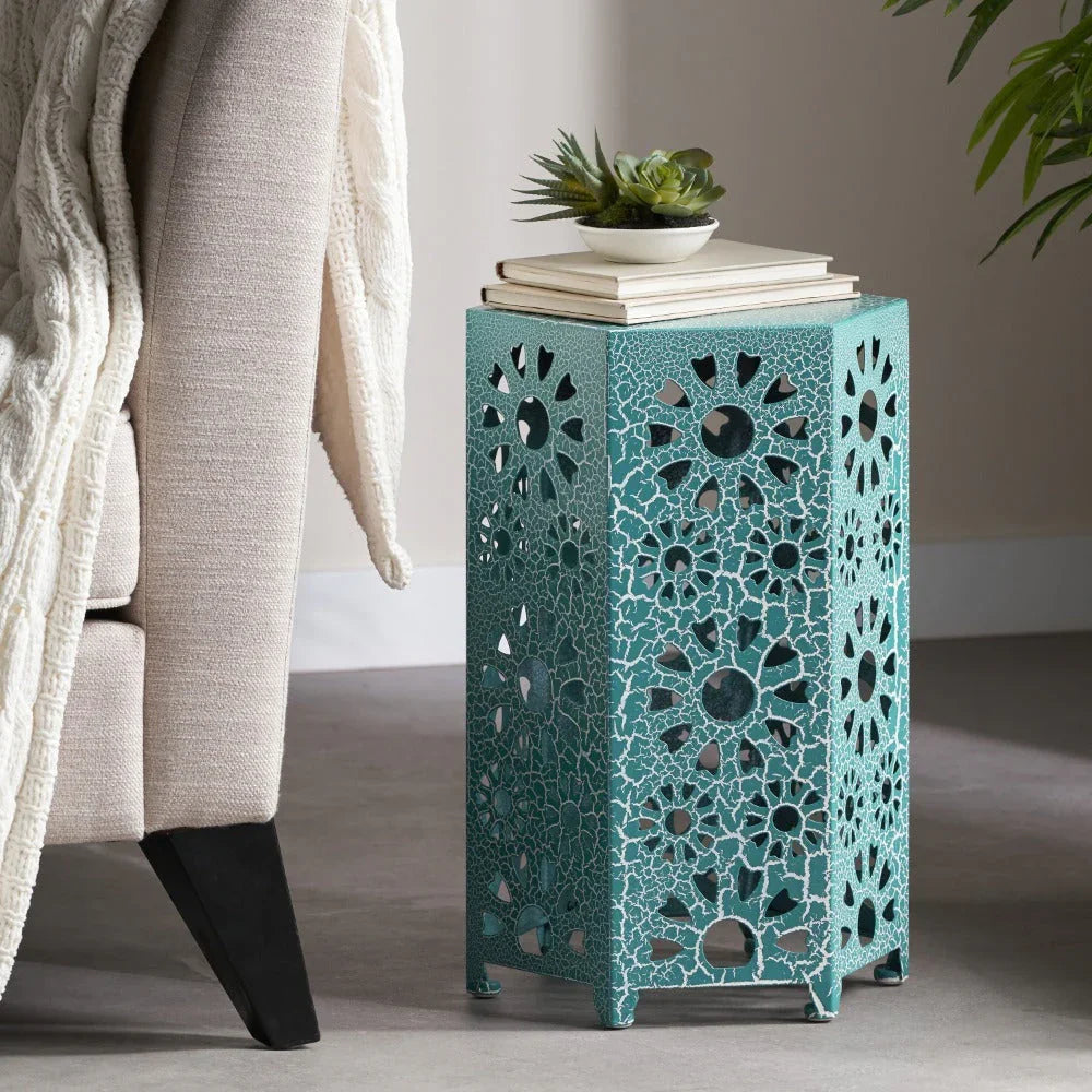12" Artistic Hollow Carved Side Table, Blue Pattern, Cyan, Outdoor Simple Side Table, Coffee Table - House Of Avana