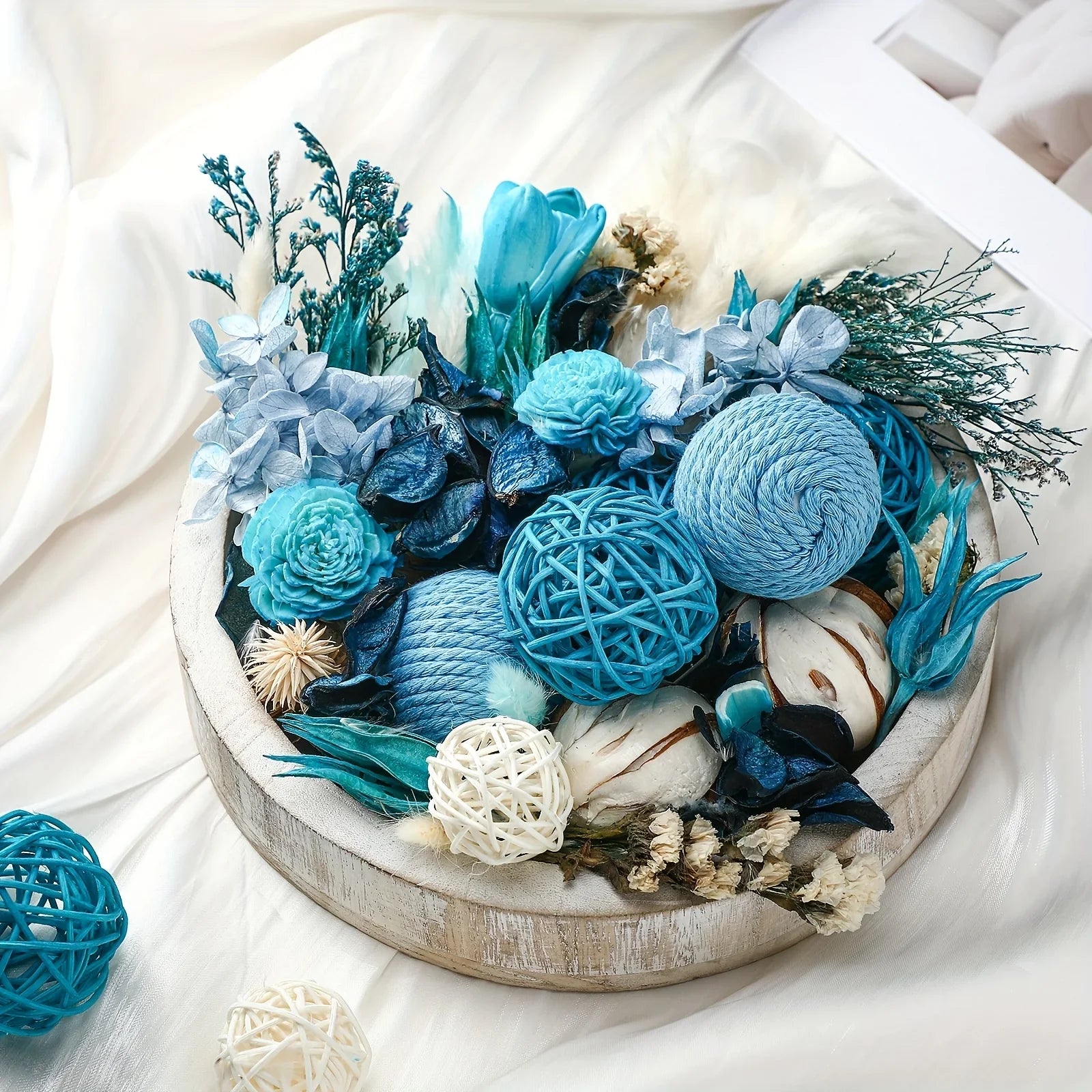 S Natural Recycled Wood Decorative Balls & Rattan Twigs - Blue Series Charming Style Assorted Spherical... - House Of Avana