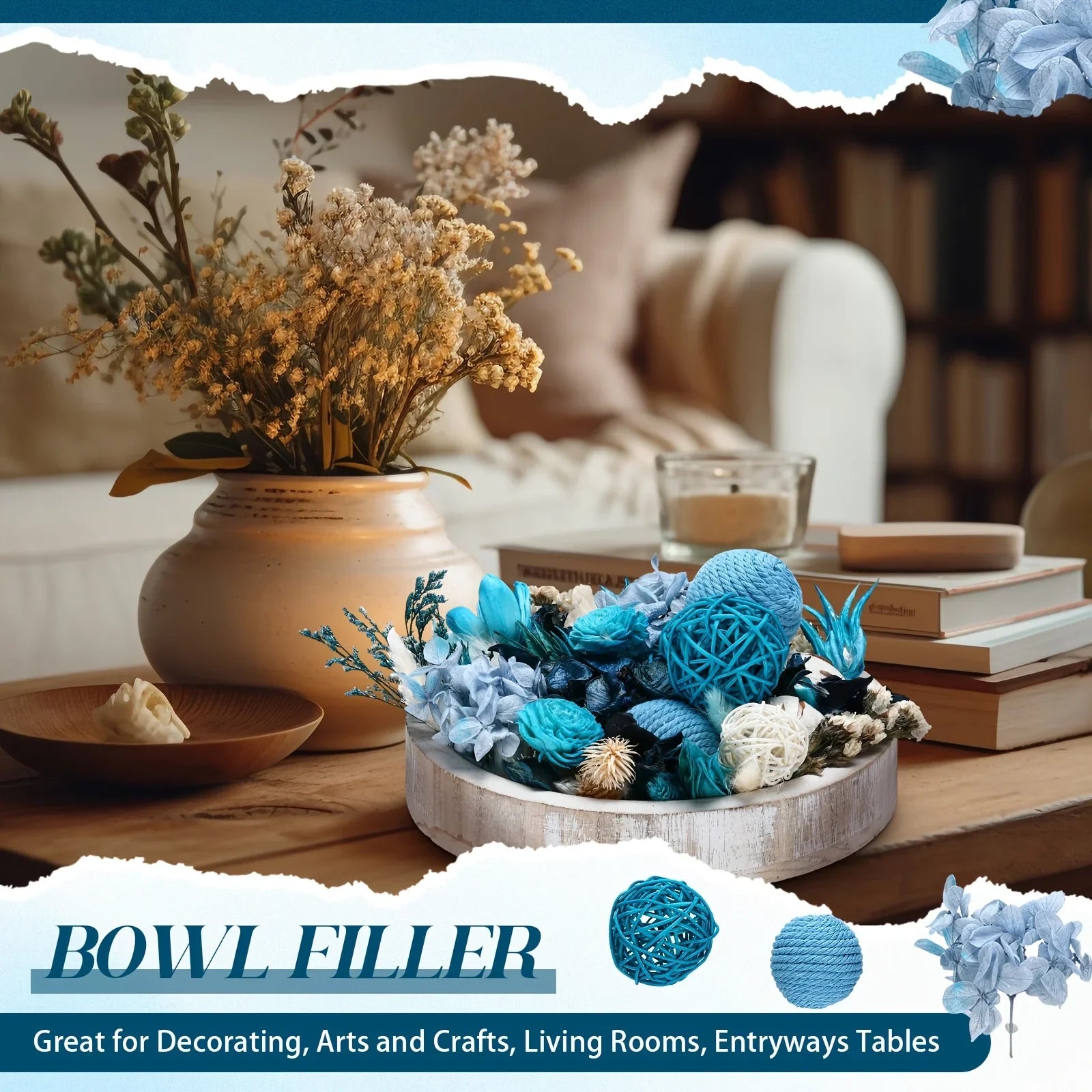 S Natural Recycled Wood Decorative Balls & Rattan Twigs - Blue Series Charming Style Assorted Spherical... - House Of Avana