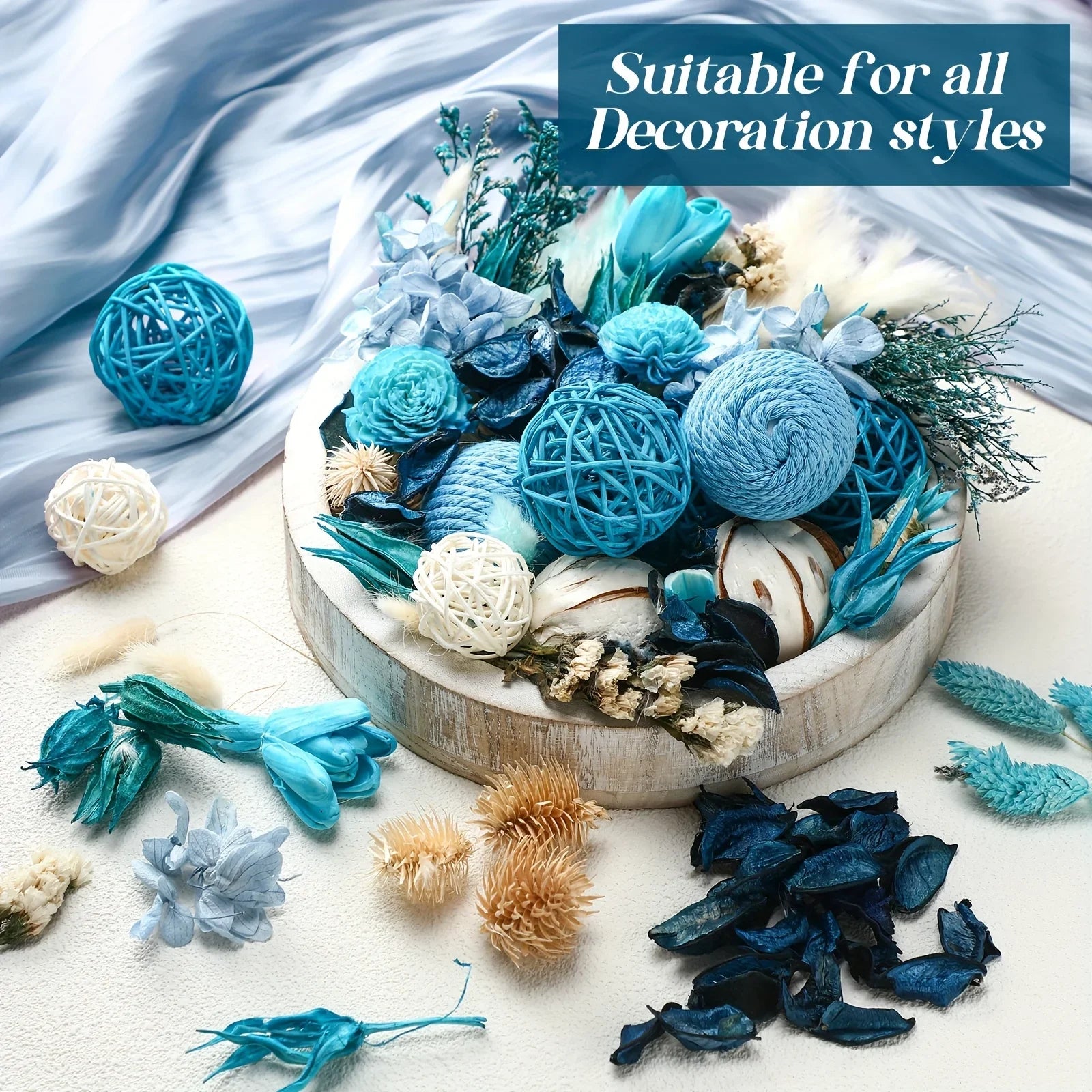 S Natural Recycled Wood Decorative Balls & Rattan Twigs - Blue Series Charming Style Assorted Spherical... - House Of Avana