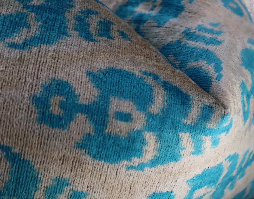 Canvello Luxury Floral Blue White Handmade Throw Pillow - 16x24 in, angled view - House Of Avana