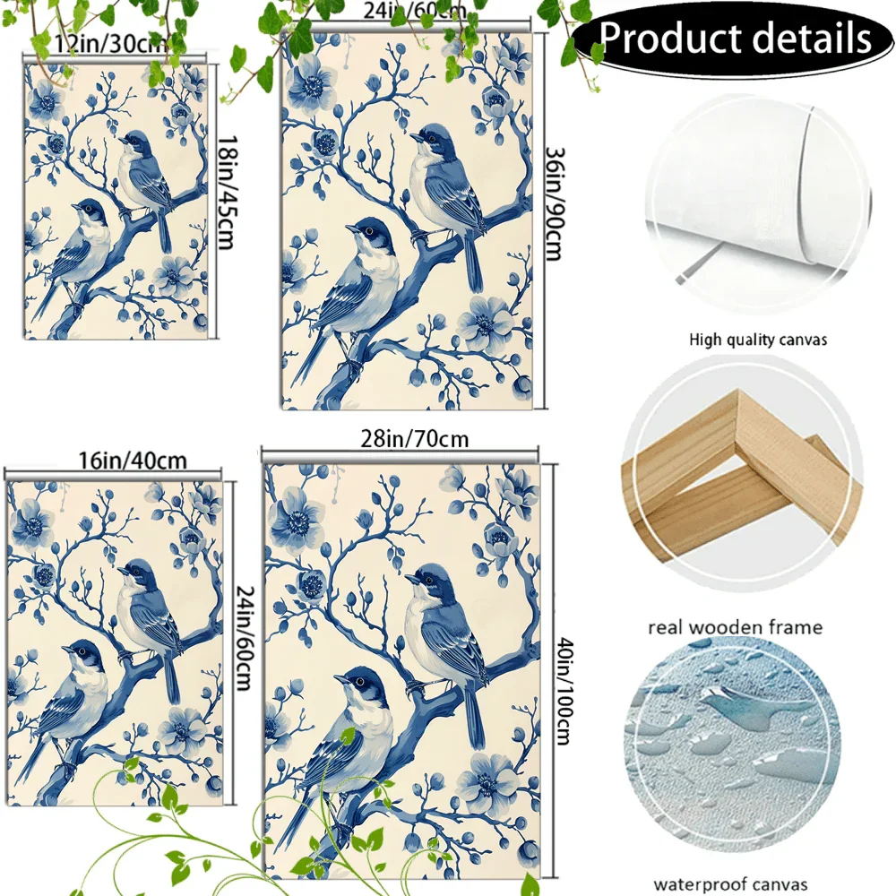 Wooden Framed Canvas Painting Blue and White Illustration, Birds on Branches, Floral Patterns, Detailed... - House Of Avana
