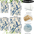 Wooden Framed Canvas Painting Blue and White Illustration, Birds on Branches, Floral Patterns, Detailed... - House Of Avana