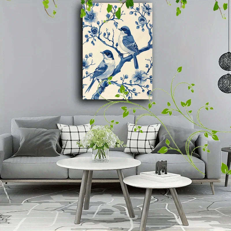 Wooden Framed Canvas Painting Blue and White Illustration, Birds on Branches, Floral Patterns, Detailed... - House Of Avana