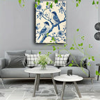Wooden Framed Canvas Painting Blue and White Illustration, Birds on Branches, Floral Patterns, Detailed... - House Of Avana