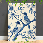 Wooden Framed Canvas Painting Blue and White Illustration, Birds on Branches, Floral Patterns, Detailed... - House Of Avana