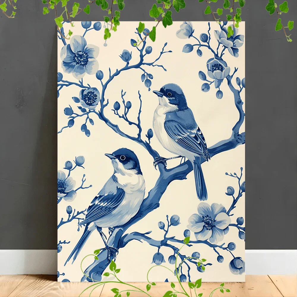 Wooden Framed Canvas Painting Blue and White Illustration, Birds on Branches, Floral Patterns, Detailed... - House Of Avana