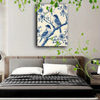 Wooden Framed Canvas Painting Blue and White Illustration, Birds on Branches, Floral Patterns, Detailed... - House Of Avana