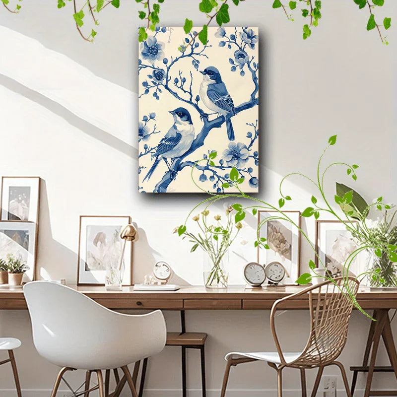 Wooden Framed Canvas Painting Blue and White Illustration, Birds on Branches, Floral Patterns, Detailed... - House Of Avana