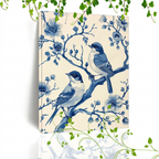 Wooden Framed Canvas Painting Blue and White Illustration, Birds on Branches, Floral Patterns, Detailed... - House Of Avana