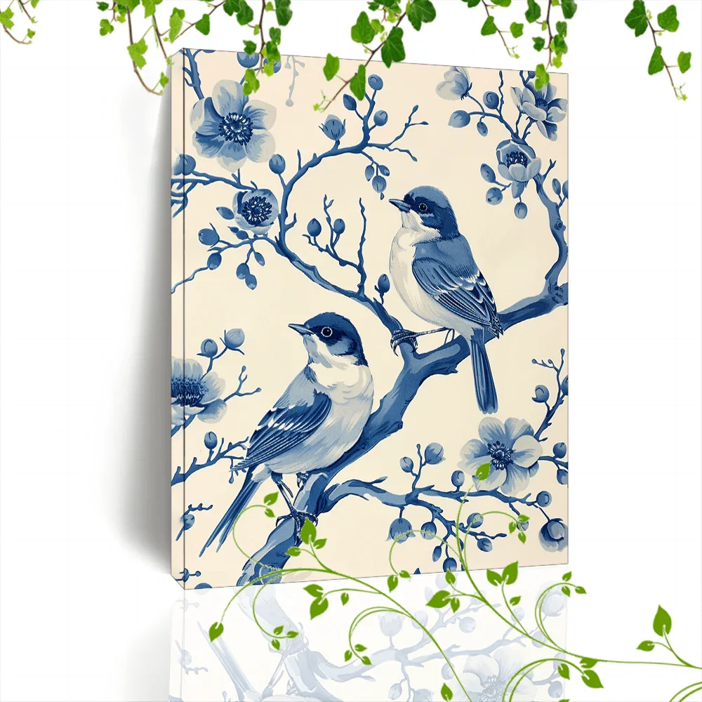 Wooden Framed Canvas Painting Blue and White Illustration, Birds on Branches, Floral Patterns, Detailed... - House Of Avana