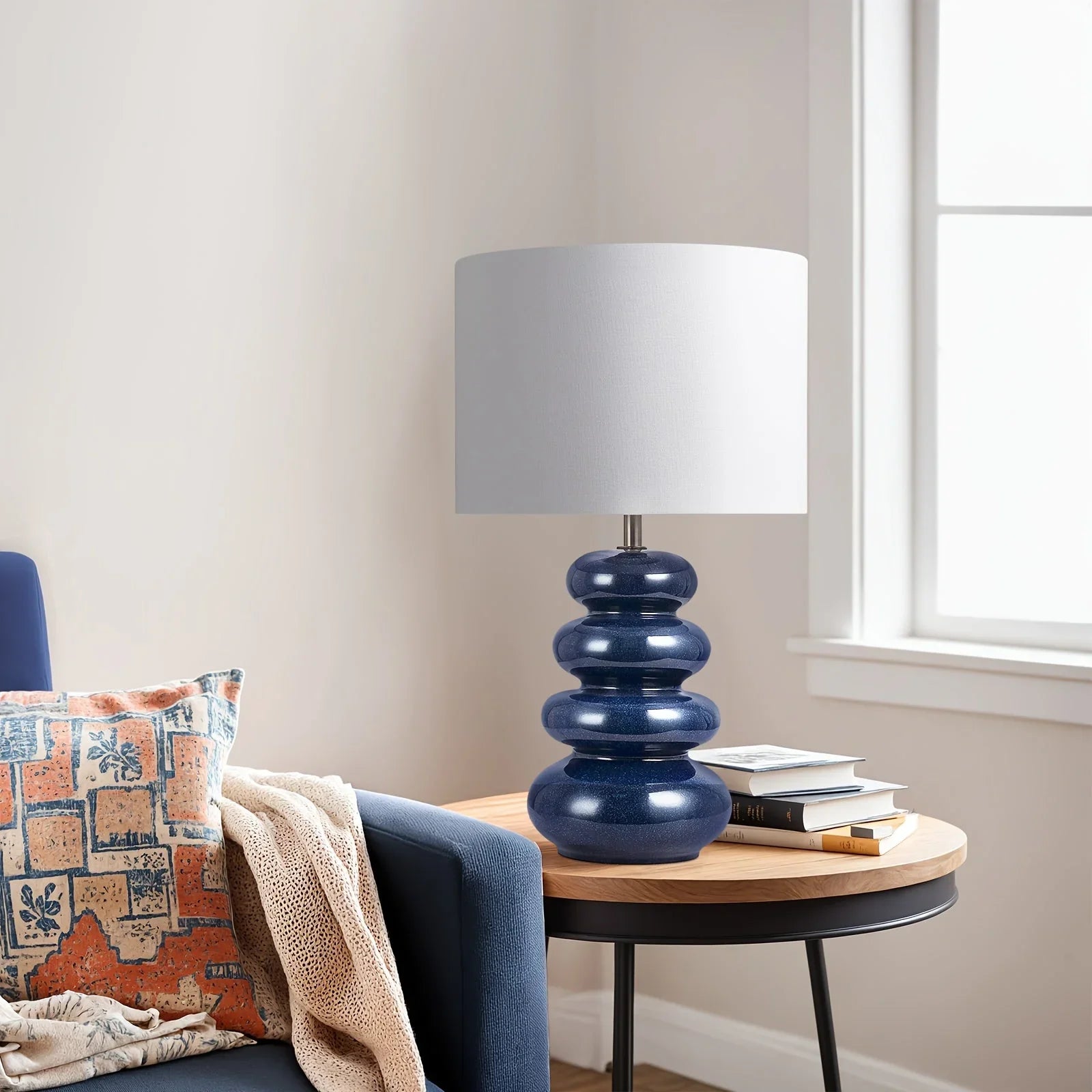 20" Navy Blue Ceramic Small Table Lamp, E26 Socket, Geometric Terracotta Base, White Linen Shade,... - House Of Avana