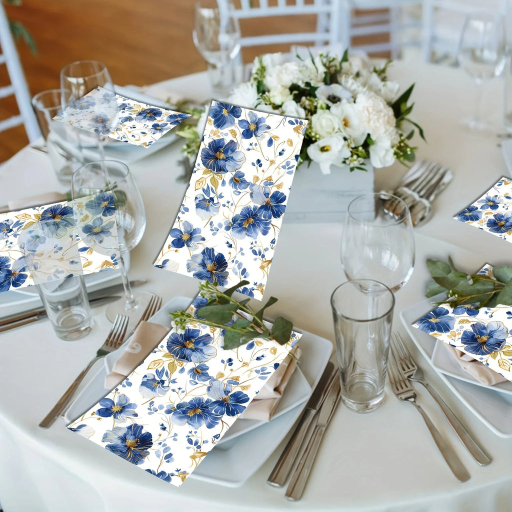 S Blue & White Floral Napkins with Golden Accents - Disposable High-quality Paper Hand Towels for... - House Of Avana