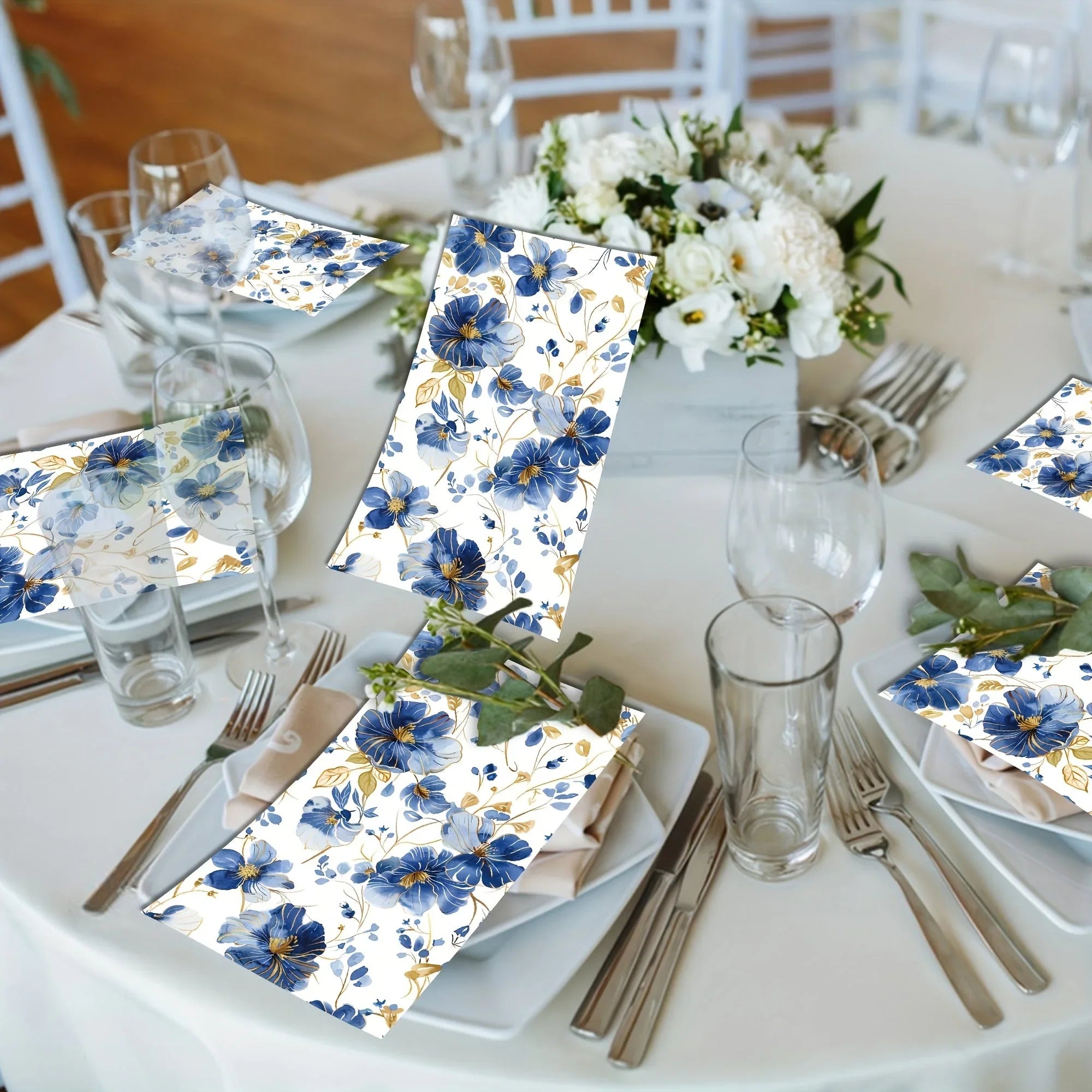 S Blue & White Floral Napkins with Golden Accents - Disposable High-quality Paper Hand Towels for... - House Of Avana