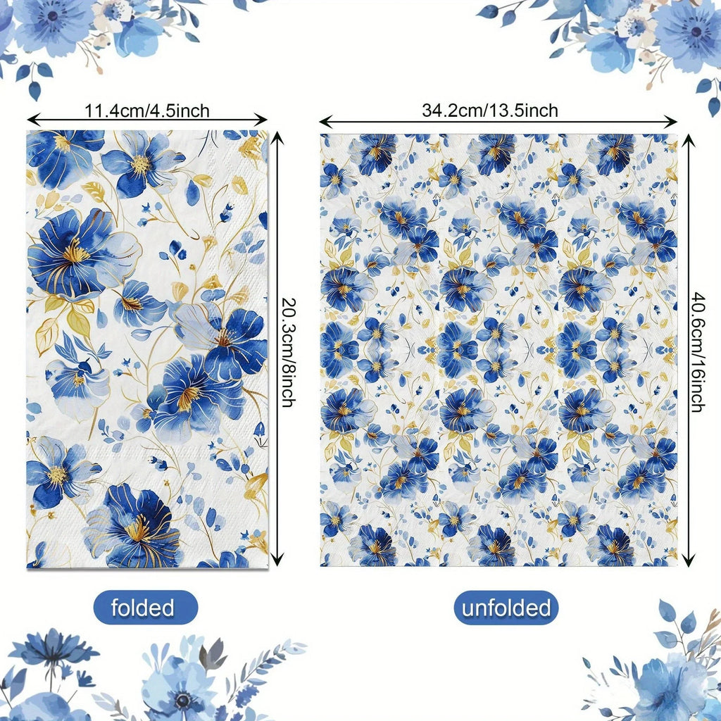 S Blue & White Floral Napkins with Golden Accents - Disposable High-quality Paper Hand Towels for... - House Of Avana