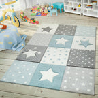 Nursery Rug Cosmo Checkered with Stars in Pastel Blue White, back view - House Of Avana