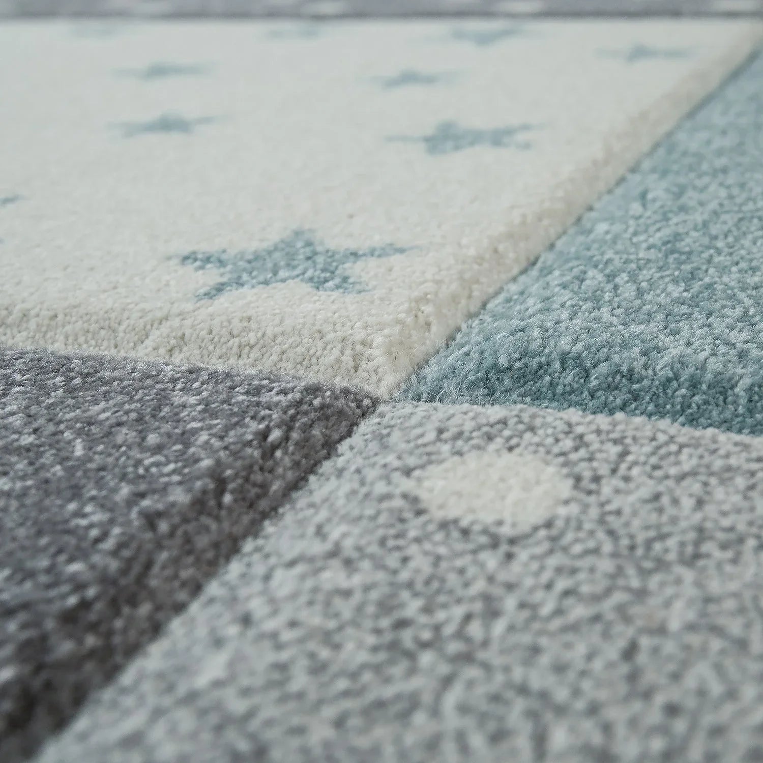 Nursery Rug Cosmo Checkered with Stars in Pastel Blue White, detail shot - House Of Avana