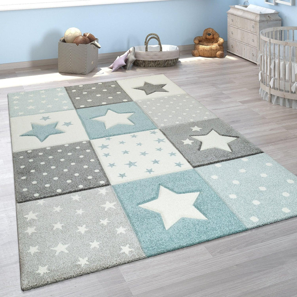 Nursery Rug Cosmo Checkered with Stars in Pastel Blue White, front view - House Of Avana