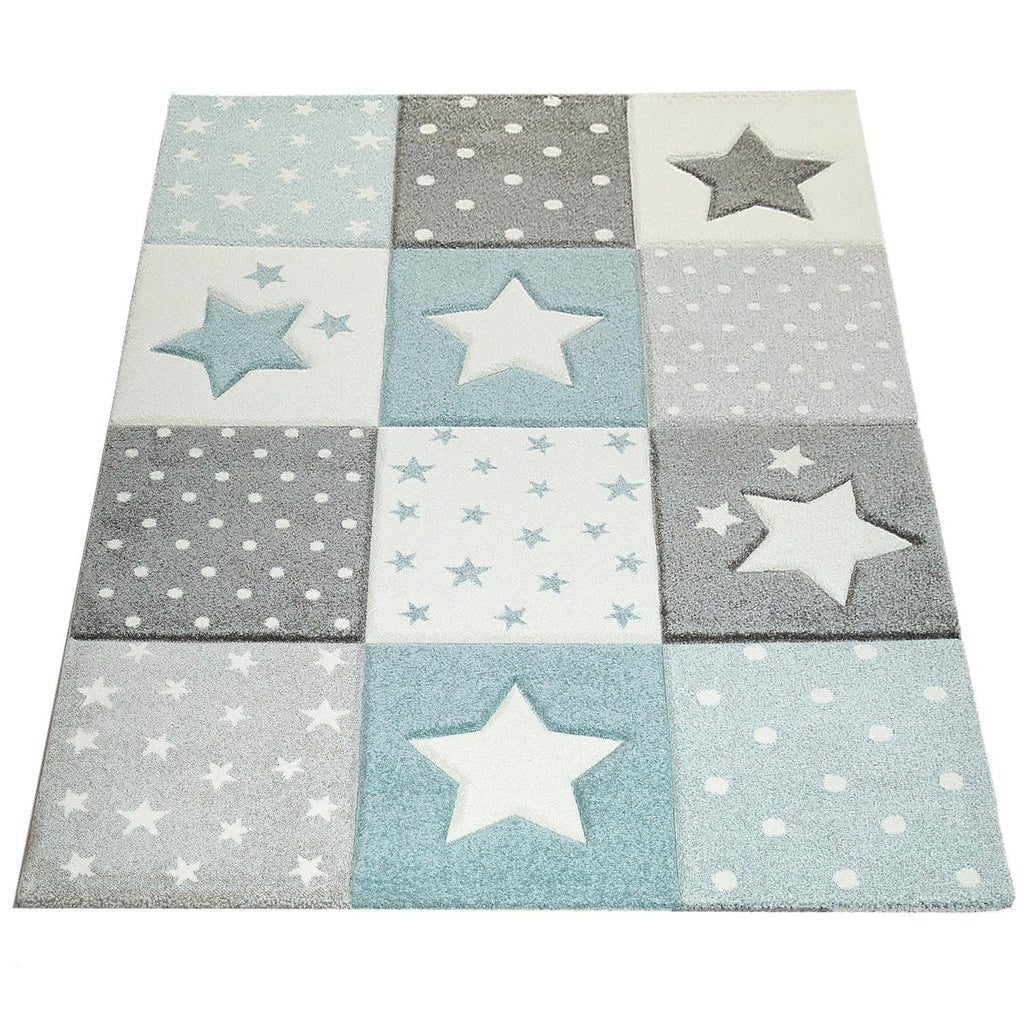 Nursery Rug Cosmo Checkered with Stars in Pastel Blue White, top view - House Of Avana