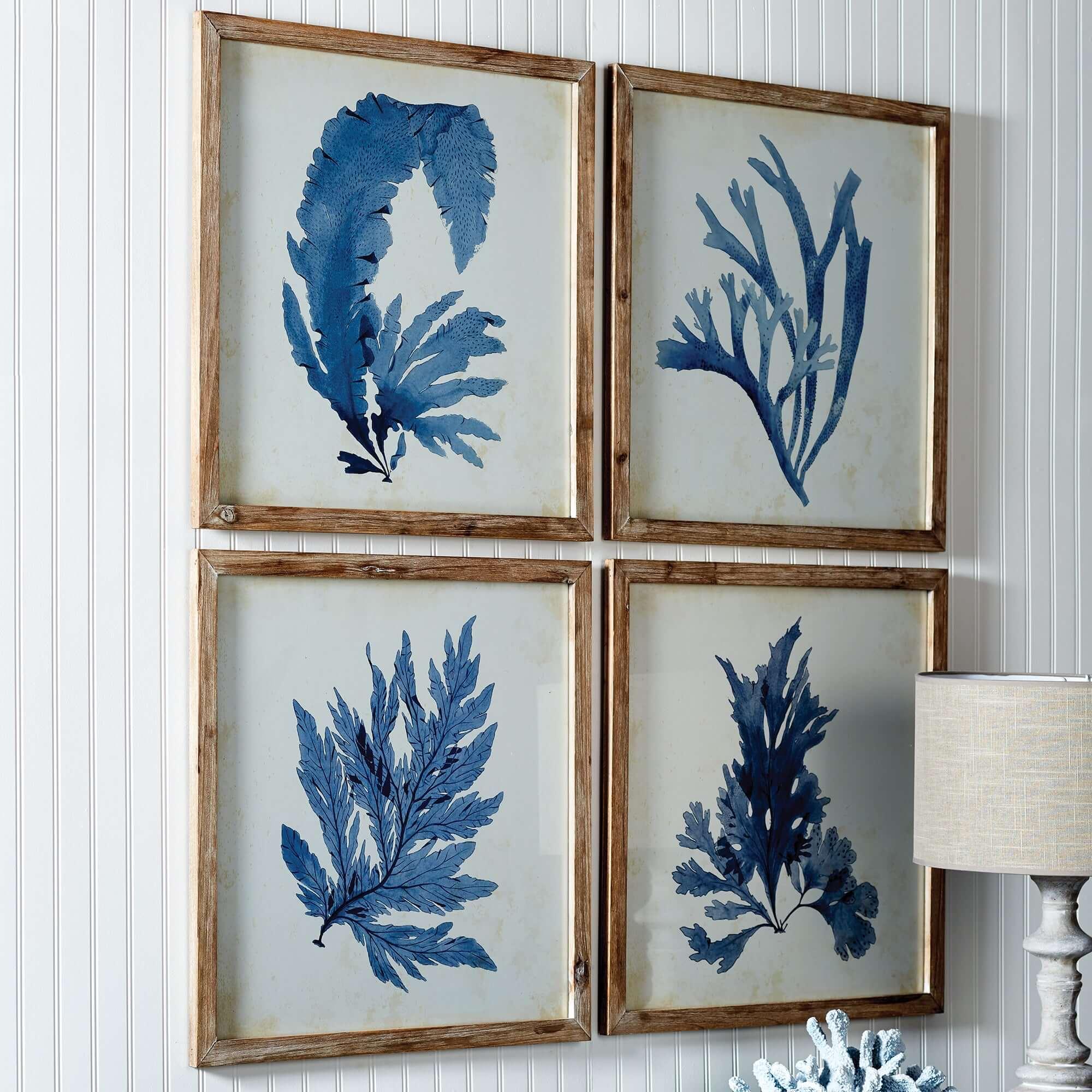 Vintage Coastal Blue Coral Prints with Whitewashed Wood Frames (set of 4) - House Of Avana