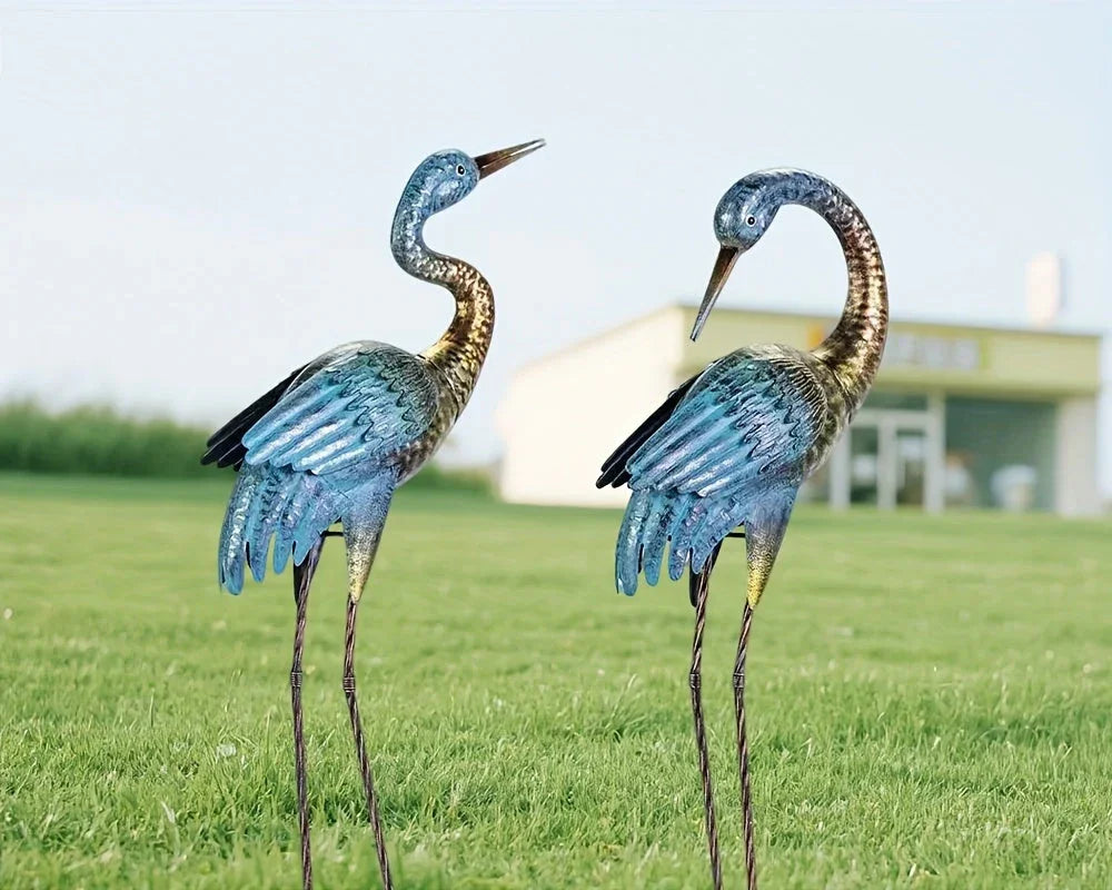 2pc Blue Gold Metal Crane Garden Statue Set - House Of Avana