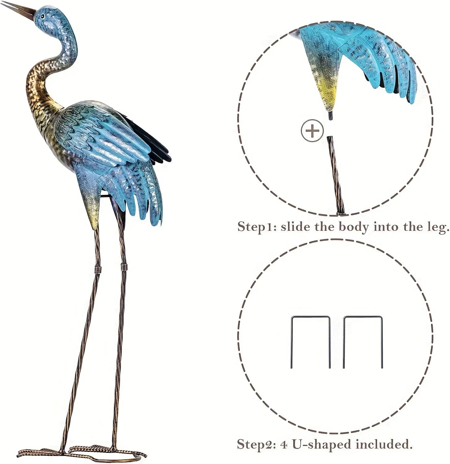 2pc Blue Gold Metal Crane Garden Statue Set - House Of Avana