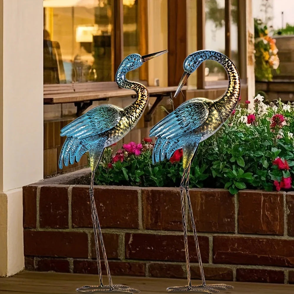 2pc Blue Gold Metal Crane Garden Statue Set - House Of Avana