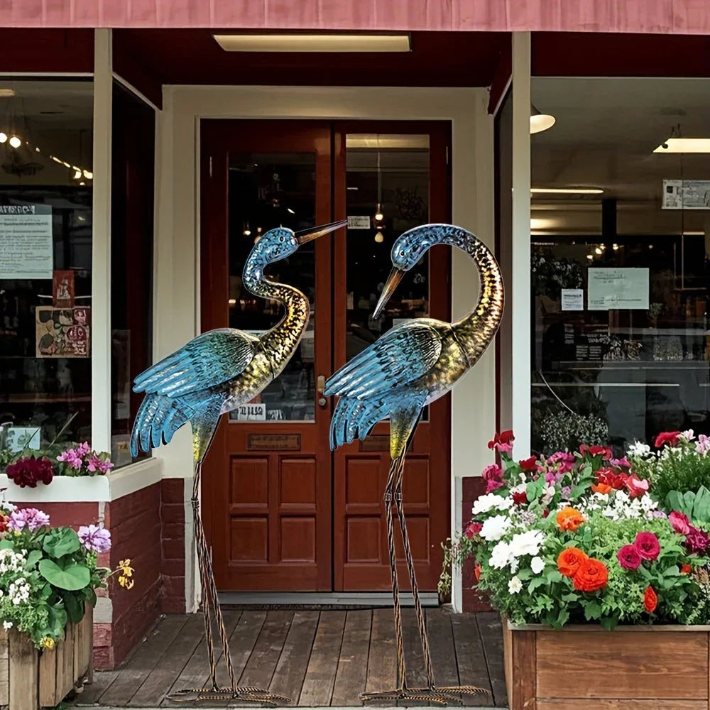 2pc Blue Gold Metal Crane Garden Statue Set - House Of Avana