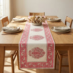 Blush Pink & Ivory table runner on oak dining table | hand block printed table runners napkins table mats Jaipur handmade handicraft India natural colors | House of Avana