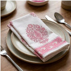 Blush Pink & Ivory table linen pattern corner detail | handmade Jaipur handicraft table runners table mats napkins hand block India natural colors aesthetics | House of Avana